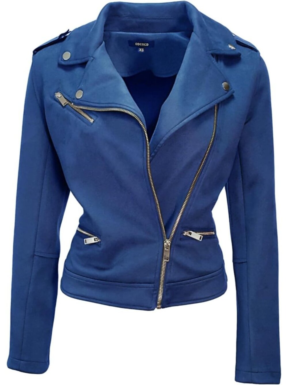 Women’s Blue Faux Suede Jacket Long Sleeve Zipper Casual Outerwear